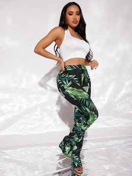 SXY Pantalones Anchos Acampanados Estilo Bohemio Para Mujeres Con Estampado De Plantas Para Vacaciones O Tiempo Libre Y Detalles De Volantes Y Rajas