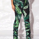 SXY Pantalones Anchos Acampanados Estilo Bohemio Para Mujeres Con Estampado De Plantas Para Vacaciones O Tiempo Libre Y Detalles De Volantes Y Rajas