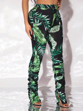 SXY Pantalones Anchos Acampanados Estilo Bohemio Para Mujeres Con Estampado De Plantas Para Vacaciones O Tiempo Libre Y Detalles De Volantes Y Rajas