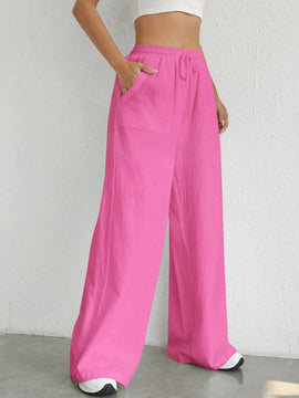 Pantalones sueltos de pierna ancha de color solido para mujer con dobladillo fluido, estilo casual