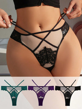 Lenceria Con Encaje Y Malla De Bloque De Color Para Mujer, Tanga Con Diseno Calado En La Parte Trasera En T