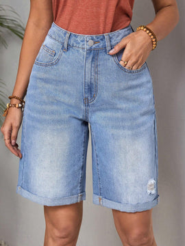 LUNE Shorts Vaqueros Con Dobladillo Deshilachado Y Detalle Desgastado Para Mujer