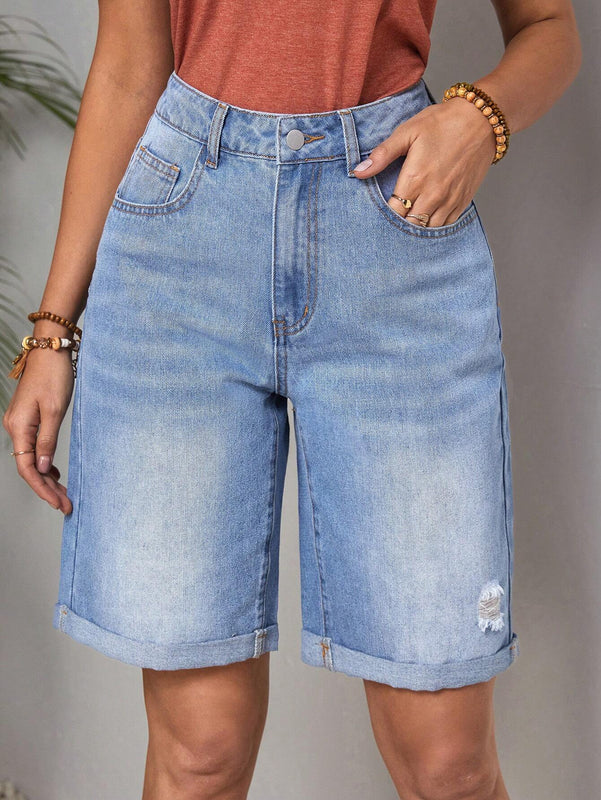 LUNE Shorts Vaqueros Con Dobladillo Deshilachado Y Detalle Desgastado Para Mujer