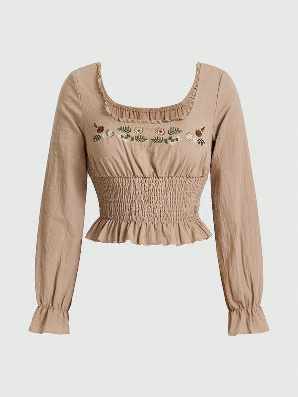 ROMWE Fairycore Camisa Para Mujer Con Detalles De Bordado Floral Y Fruncido
