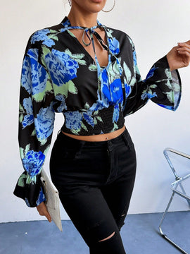 Prive Camisa Corta Con Manga Acampanada Y Lazo En El Cuello Con Estampado Floral