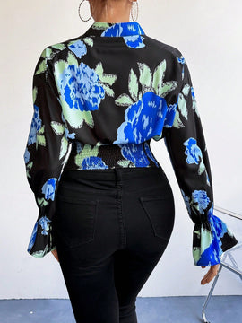 Prive Camisa Corta Con Manga Acampanada Y Lazo En El Cuello Con Estampado Floral