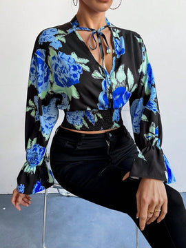 Prive Camisa Corta Con Manga Acampanada Y Lazo En El Cuello Con Estampado Floral