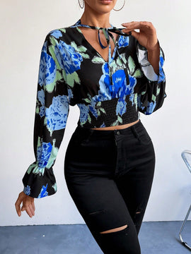 Prive Camisa Corta Con Manga Acampanada Y Lazo En El Cuello Con Estampado Floral