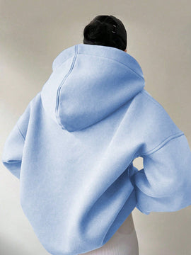 Ezwear sudadera con capucha de corte holgado para mujer, casual de primavera/otono, de manga larga con cremallera, holgada, regular, color albaricoque, hombros caidos, sudaderas para mujer