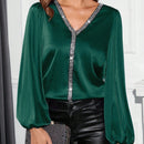 Clasi Blusa Para Mujeres Con Lentejuelas Y Parches En Las Mangas, Con Cuello En V Y Mangas Acampanadas