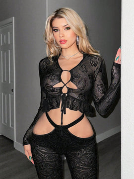 ICON Blusa Recortada Negra De Manga Larga Con Cordones En La Parte Delantera De Textura De Rosa Para Una Cita Nocturna De Mujer