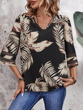 EMERY ROSE Camisa Negra De Primavera Con Estampado De Hojas Para Vacaciones De Mujer