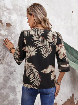 EMERY ROSE Camisa Negra De Primavera Con Estampado De Hojas Para Vacaciones De Mujer