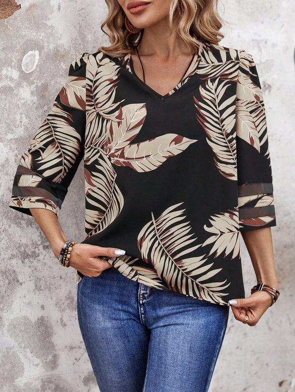 EMERY ROSE Camisa Negra De Primavera Con Estampado De Hojas Para Vacaciones De Mujer