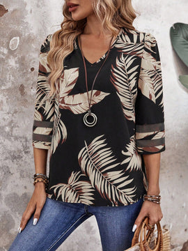 EMERY ROSE Camisa Negra De Primavera Con Estampado De Hojas Para Vacaciones De Mujer