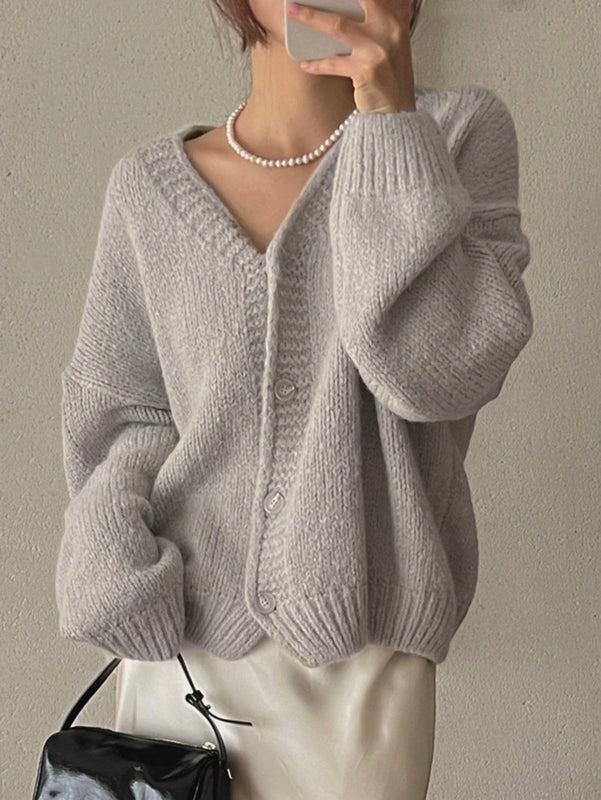 Dazy cardigan holgado de punto de color liso con cuello en v para mujer