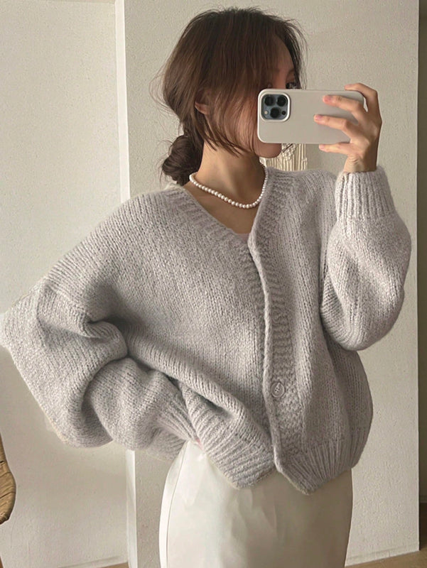Dazy cardigan holgado de punto de color liso con cuello en v para mujer