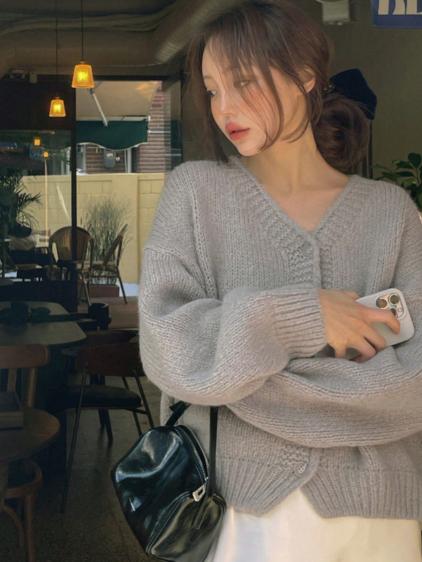 Dazy cardigan holgado de punto de color liso con cuello en v para mujer