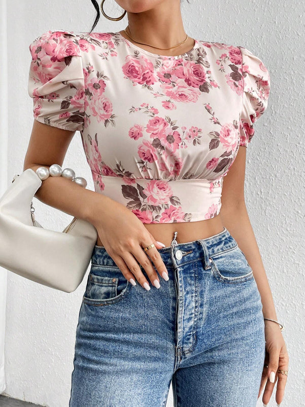 Blusa Corta Con Mangas Abullonadas Y Estampado Floral Para Mujer