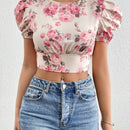 Blusa Corta Con Mangas Abullonadas Y Estampado Floral Para Mujer