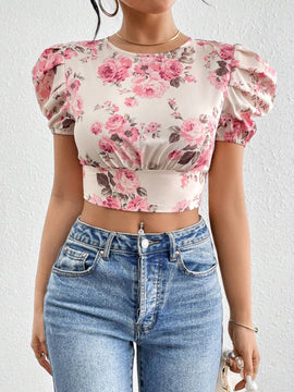 Blusa Corta Con Mangas Abullonadas Y Estampado Floral Para Mujer
