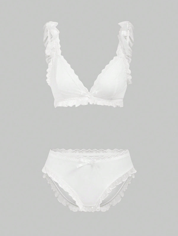 ROMWE Kawaii Conjunto De Lenceria Con Ribete De Encaje Decorado Con Lazo Para Mujer