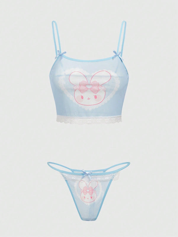 ROMWE Kawaii Lindo Conjunto De Ropa Interior De Encaje De Conejo