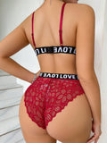 Serie Romantica De Lenceria Sexy De Encaje De Cinta Con Impresion De Letras Alphabet, 2 Piezas Por Conjunto