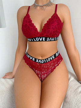 Serie Romantica De Lenceria Sexy De Encaje De Cinta Con Impresion De Letras Alphabet, 2 Piezas Por Conjunto