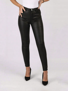 Pantalones Pu Solido Con Bolsillos
