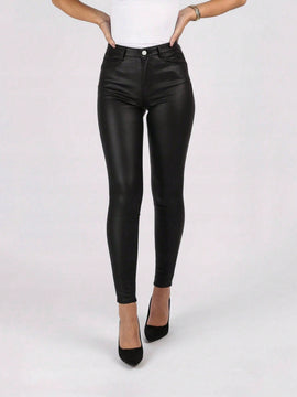 Pantalones Pu Solido Con Bolsillos