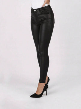 Pantalones Pu Solido Con Bolsillos