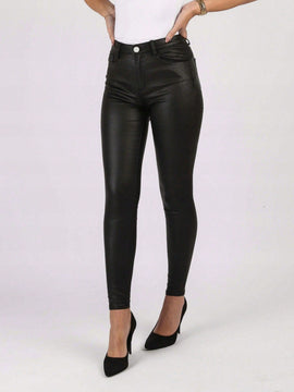 Pantalones Pu Solido Con Bolsillos