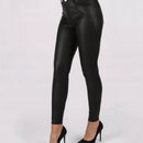 Pantalones Pu Solido Con Bolsillos