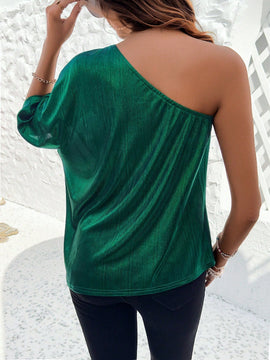 Clasi Camisa De Mujer Con Cuello Asimetrico Brillante Y Manga Murcielago