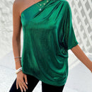 Clasi Camisa De Mujer Con Cuello Asimetrico Brillante Y Manga Murcielago
