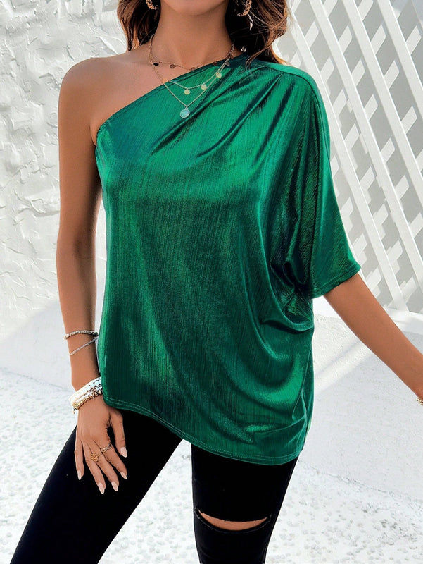 Clasi Camisa De Mujer Con Cuello Asimetrico Brillante Y Manga Murcielago