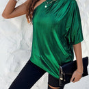 Clasi Camisa De Mujer Con Cuello Asimetrico Brillante Y Manga Murcielago