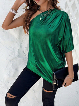 Clasi Camisa De Mujer Con Cuello Asimetrico Brillante Y Manga Murcielago