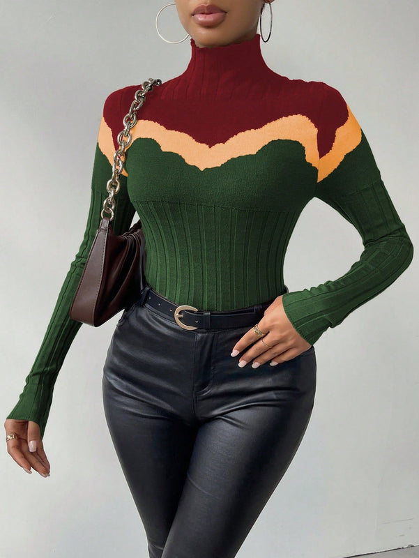 Essnce Sueter De Punto Acanalado Con Cuello Alto Y Bloques De Color Para Mujer