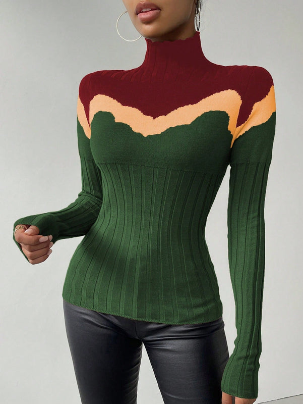 Essnce Sueter De Punto Acanalado Con Cuello Alto Y Bloques De Color Para Mujer
