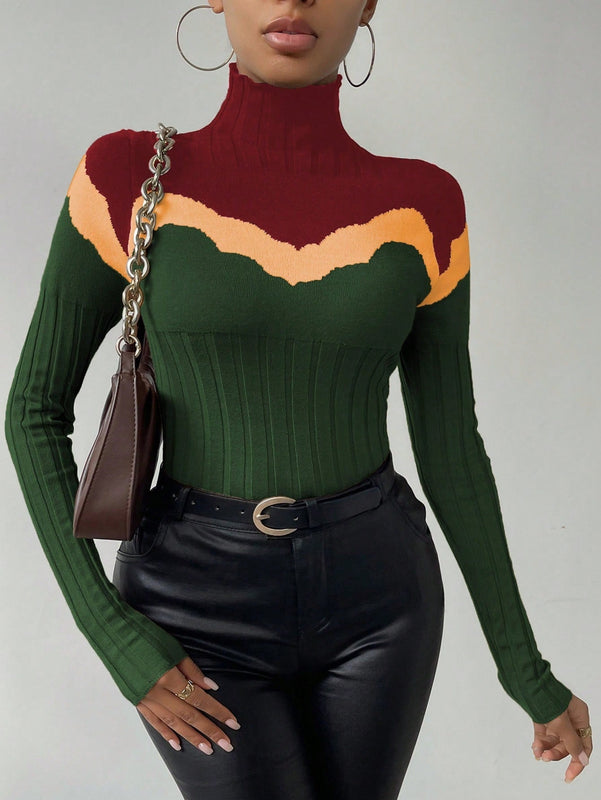 Essnce Sueter De Punto Acanalado Con Cuello Alto Y Bloques De Color Para Mujer