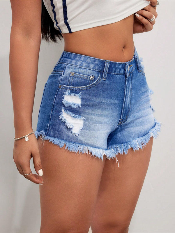 Pantalones Cortos De Mezclilla Desgastados Y Rotos