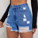 Shorts De Mezclilla Desgastados Y Deshilachados Para Mujeres