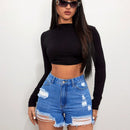 Shorts De Mezclilla Desgastados Y Deshilachados Para Mujeres