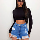 Shorts De Mezclilla Desgastados Y Deshilachados Para Mujeres