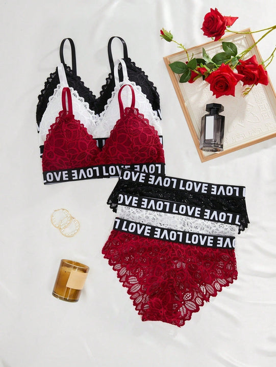 Conjunto De Ropa Interior De 6 Piezas Con Encaje Y Patrones De Alfabeto, Conjunto De Lenceria