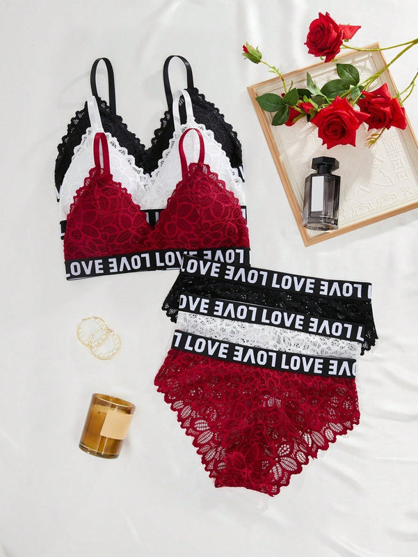 Conjunto De Ropa Interior De 6 Piezas Con Encaje Y Patrones De Alfabeto, Conjunto De Lenceria