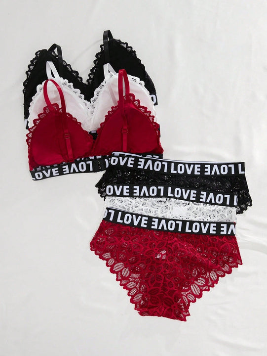 Conjunto De Ropa Interior De 6 Piezas Con Encaje Y Patrones De Alfabeto, Conjunto De Lenceria