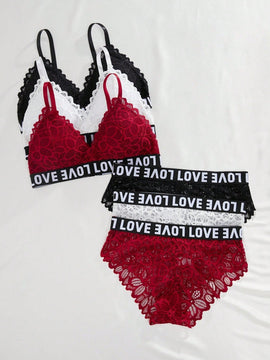 Conjunto De Ropa Interior De 6 Piezas Con Encaje Y Patrones De Alfabeto, Conjunto De Lenceria